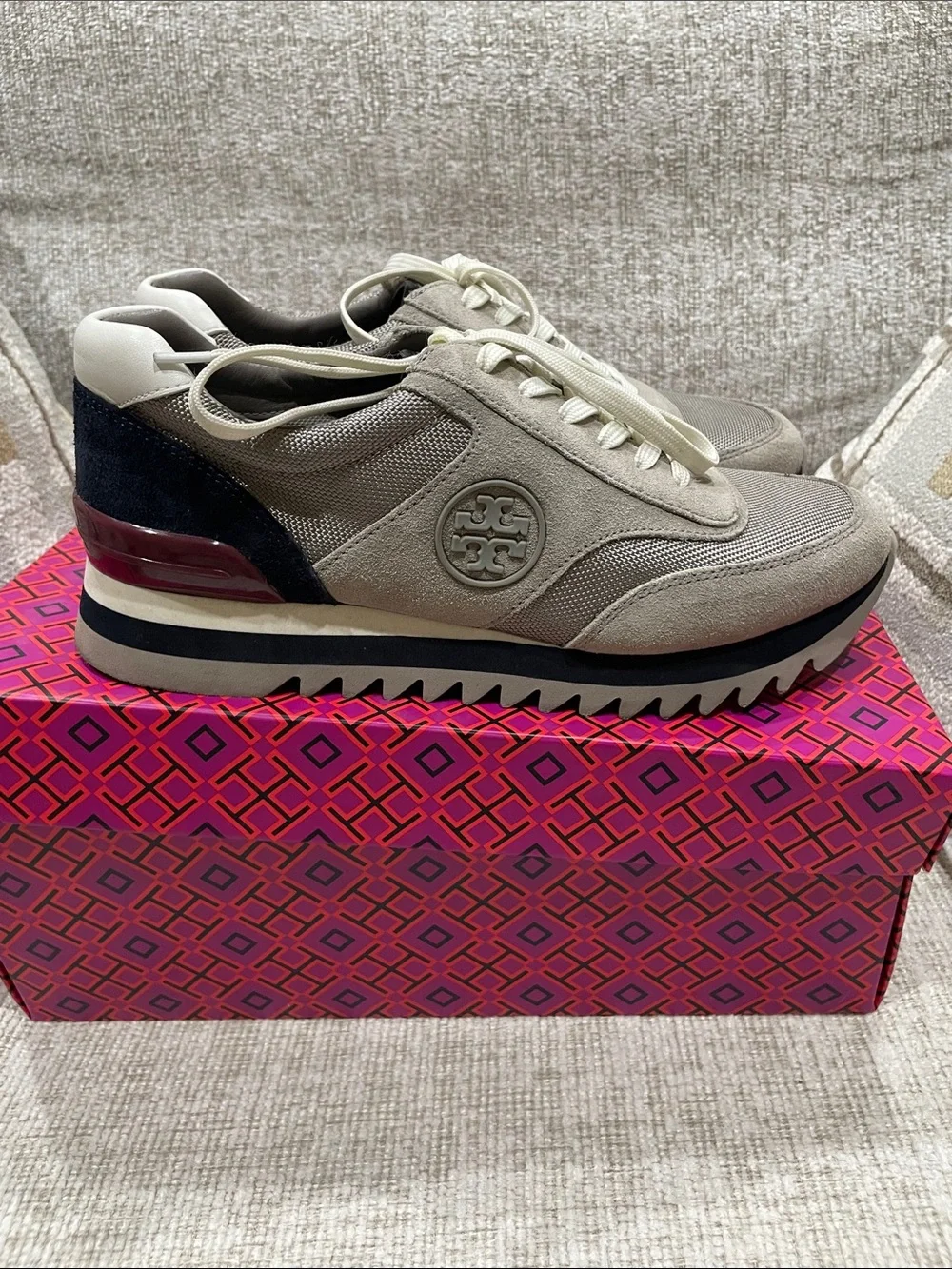 Tory Burch Taupe Suede & Mesh Platform Sneaker with Black and Burgundy Accents